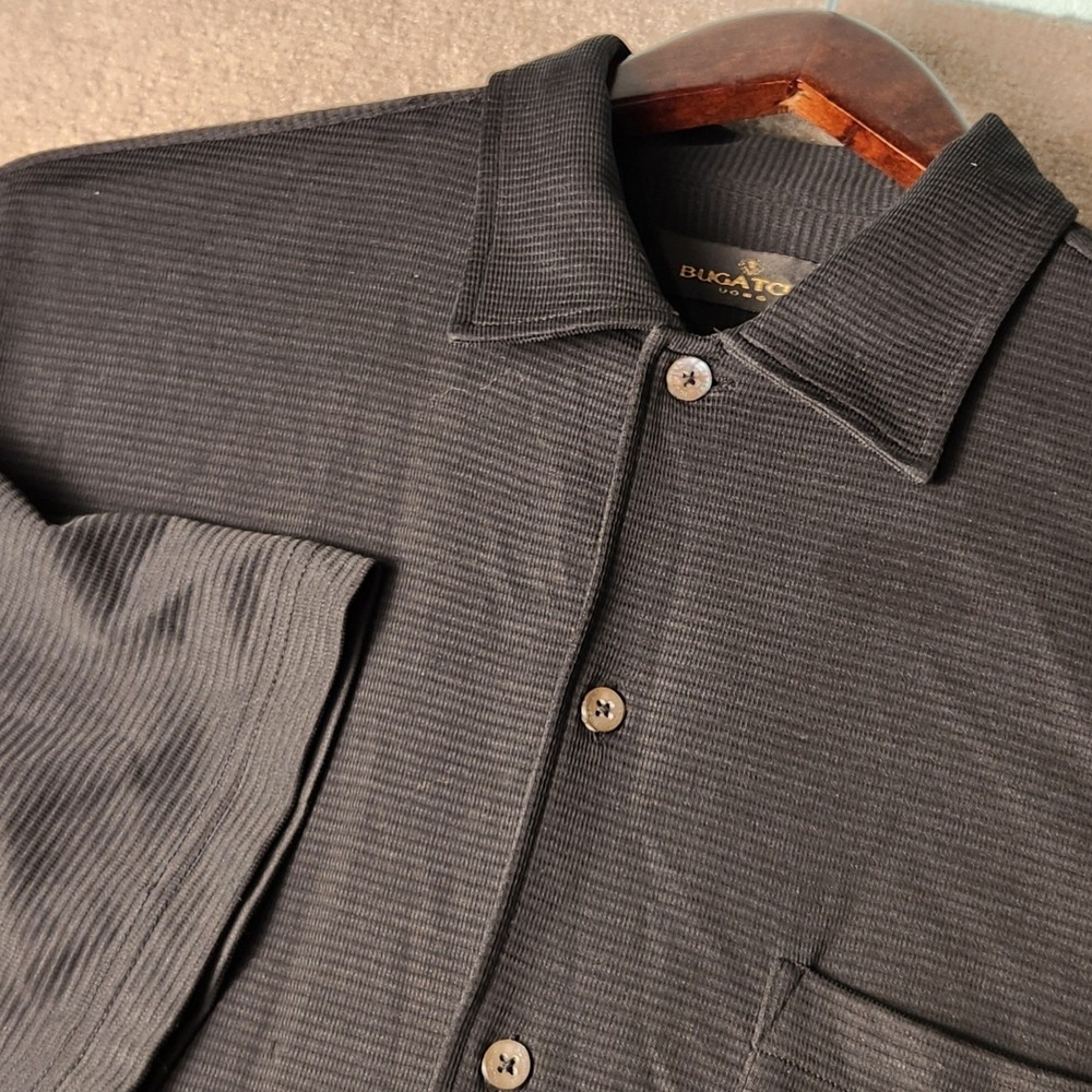 Bugatchi Uomo Shirt Mens Medium Grey Textured Short Sleeve Button Down Excellent